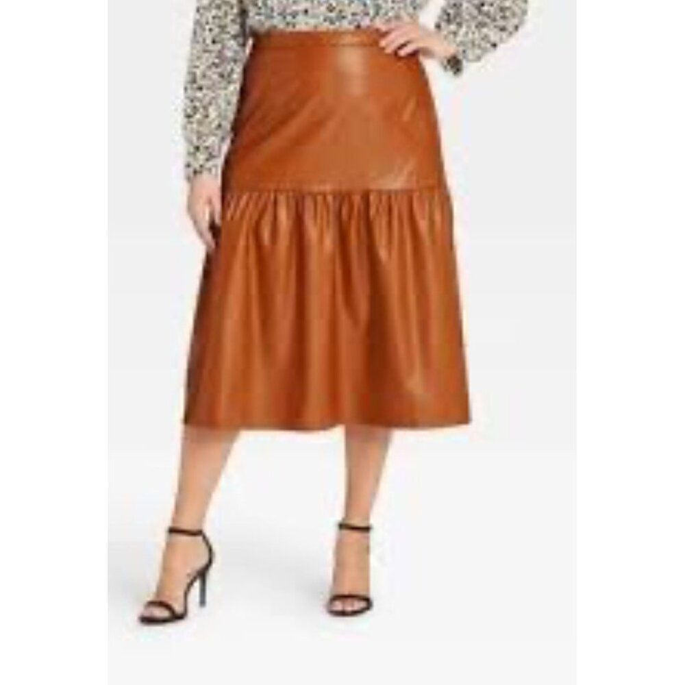 Who What Wear Women Brown Faux Leather Tiered Skirt Size S